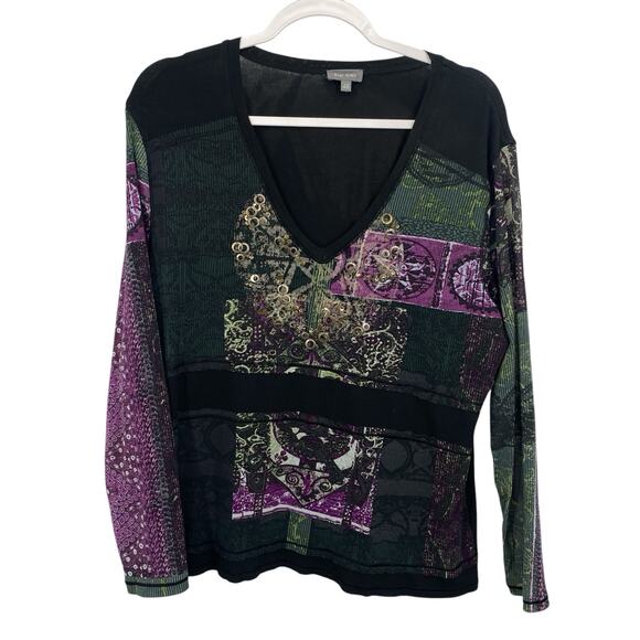 Marc Aurel Art to Wear Top Women EU Size 46 US 10 Black Multi V Neck Pullover - Picture 1 of 8